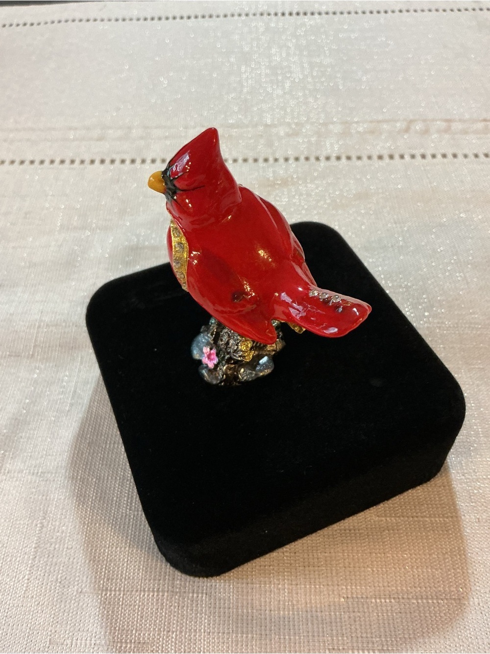 Red Cardinal Figural Enameled Gold Tone Hinged Trinket Box - Picture 2 of 7